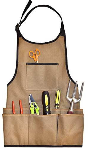 Oxford-Stoff Garten Schürze - 14 Taschen Wasserdichte Gartenschürze für Frauen mit Taschen - Multifunktionale Schürze für Gartenarbeit, Kochen, Putzen und Holzarbeiten - Braune Gartenschürze