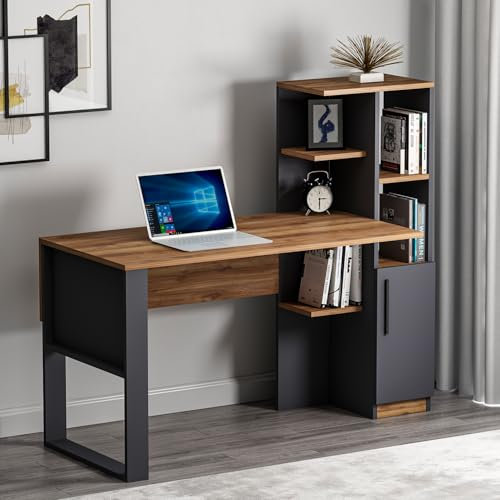 HOMIDEA TODY Scrivania per Computer - Tavolo da Lavoro con ripiani e vano portaoggetti con anta dal design moderno per ufficio soggiorno o la cameretta dei bambini (Antrachite/Briarsmoke)