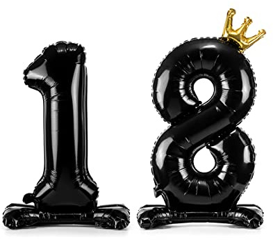 PartyDeco Balon Foliowy Stojący Cyfra 18 Czarny Dekoracja Urodzinowa Okrągłe Urodziny Girlanda Balonowa Osiemnastka