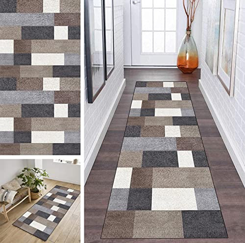 Läufer Teppich Flur Patchwork Grau und Braun 80x400cm rutschfest Korridor Teppichläufer Waschbar Modern Küche Schlafzimmer Wohnzimmer Läufer Teppich Breite 40cm/ 50cm/ 60cm/ 70cm/ 80cm/ 90cm/ 100cm