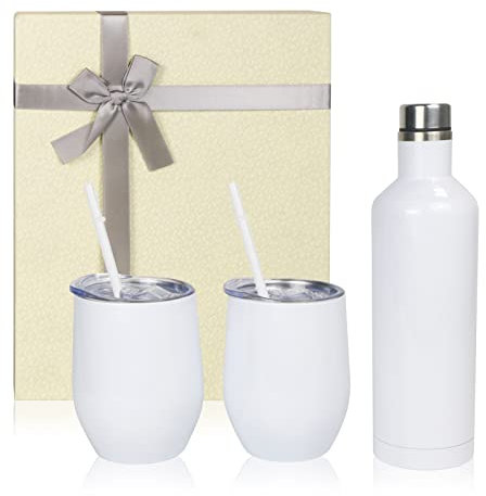 MAIKESUB Sublimation Insulated Wine Tumbler and Bottle Gift Set Stainless Steel Wine Tumblers12 oz 2 Pcs and 1pcs 26 oz Insulated Wine Bottle Cups with Lids and Straws Set