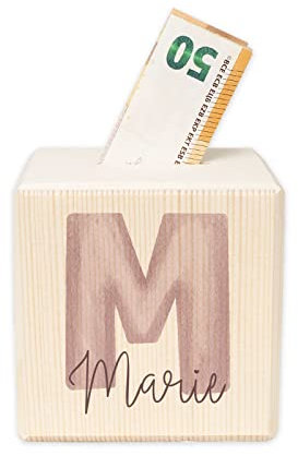 Personalisierte Spardose Buchstabe rosa für Kinder - Aus Holz - 10x10 cm Geburt, Geburtstag, Einschulung, Taufe - Sparschwein Aquarell Motiv für Jungen & Mädchen hellomini