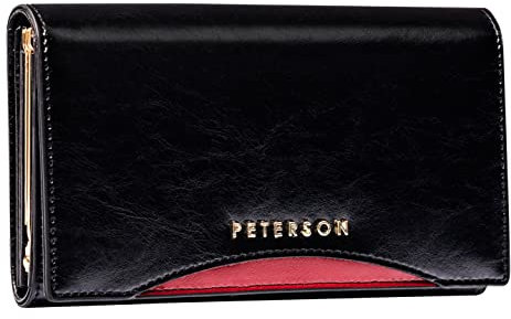 PETERSON Damenbrieftasche | Horizontal | Naturleder | RFID-System | Elegante Verarbeitung | Goldfarbene Accessoires | Zahlreiche Fächer | Log-In Futter | Geräumig (SCHWARZ Rot)