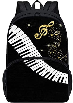 chaqlin 17 Zoll zurück zu Schultaschen für Mädchen, schwarze Musik Note Schulrucksack Frauen Casual Daypack Große Tasche Kinder Schulrucksack Casual Daypack Schulbuchtaschen mit Seitentasche