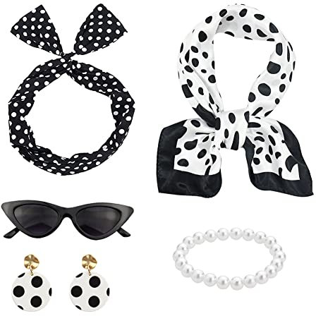 50er Jahre Damen accessoires rockabilly zubehör schwarz mit Chiffon Schal Katzen Auge Brille Polka Dot Bandana Krawatte Stirnband Ohrringe Ohrstecker für 60er jahre kleidung 1950s Kostüm Set