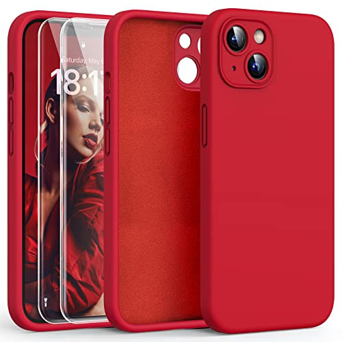 HATOSHI 3-in-1 iPhone 13 Hülle mit 2 Stück Schutzglas, Flüssig Silikon Anti-Rutsch Kratzfestes Stoßfest Handyhülle iPhone 13 Schutzhüll, Rot