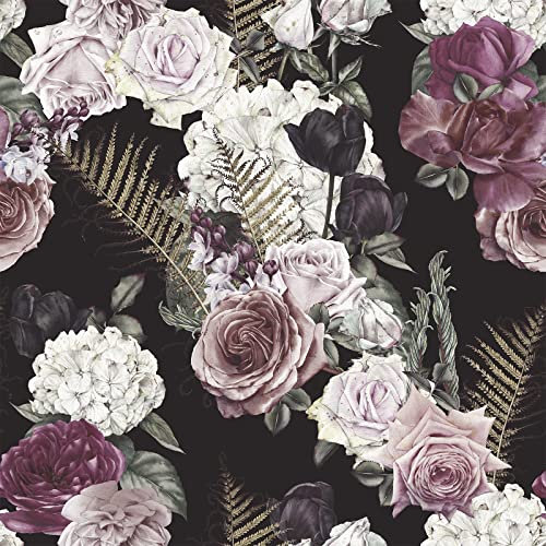 CRE8TIVE White and Purple Rose Wallpaper Black Floral Wallpaper 61cm x 300cm Botanical Self Adhesive Wallpaper for Bedroom Decoration Wall Paper Roll Cupboard Vintage Furniture Stickers Vinyl Art Deco