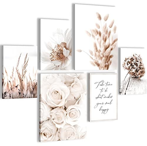 Novart Wandbilder Set Boho Blumen Beige - KEIN EXTRA RAHMEN BENÖTIGT - Modern Deko - Wohnzimmer Schlafzimmer N023263a