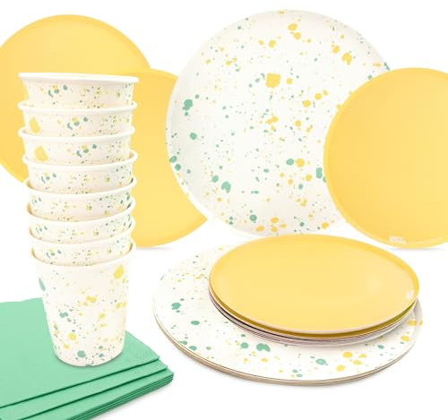 PARTY PARTY 68-teiliges Party-Set Sprinkles Gelb, Terrazzo, für 16 Gäste (Pappbecher, Pappteller, Dessertteller, Servietten), Geburtstag, Veranstaltung, Grillen