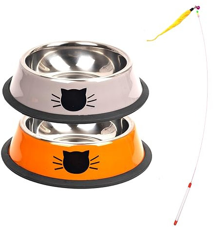 2 Pièces Gamelle Chat INOX,Bol pour Chat,Bol Chat,Gamelle pour Chat + Jouet pour Chat