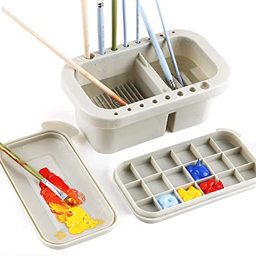 Ksrnsne Paint Brush Washer Bucket Multi-Use Paint Brush Basin with Art Palette and 16 Hole Brush Holder Brush Washing Tool