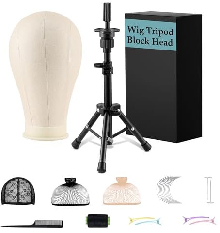xnicx 23 Wig Stand Tripod with Head,Wig Head and Stand Set,Table Wigs Tripod for Making,Display,Includes Caps Clips,T-Pins,C Needles,Carrying Bag,Brush(39.5-62.5cm)