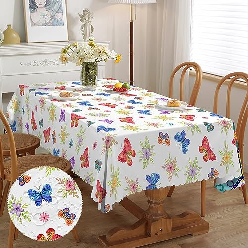 iEvery Tischdecke Frühling Abwaschbar, Floral Schmetterling Gartentischdecke Rechteckig Wetterfest Table Cloth für Draußen Polyester Tischdecke für Gartentisch Küche Esstisch Garten 140x180 cm