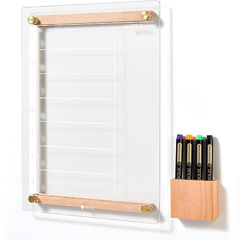 Calendrier blanc hebdomadaire effaçable à sec en verre transparent avec décoration en bois pour mur, menu et planificateur de repas, tableau blanc pour la maison, la cuisine, 38,1 x 27,9 cm, support