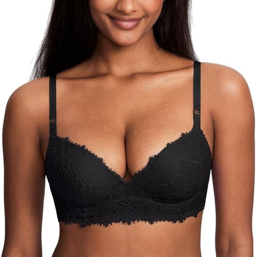 DOBREVA Donna Reggiseno Senza Ferretto Imbottito in Pizzo Push Up Coppa Preformata Scollo a V Sexy Nero 7B
