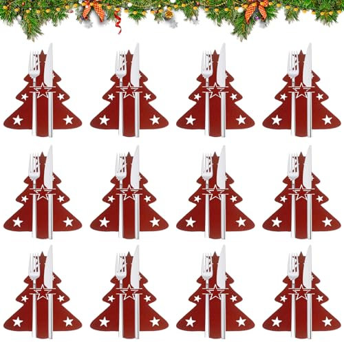 FMKLDENA 12 Stücke Bestecktasche Weihnachten, Besteckhalter weihnachten, Besteckhalter Weihnachten Filz, Weihnachten Tischdeko, Besteckbeutel Weihnachten, für Party Weihnachts Tischdeko (B)