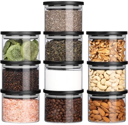 BELLE VOUS Glass Food Storage Jars (10 Pack) - 160ml/5.4oz Containers with Airtight Lids for Kitchen/Pantry Organisation - Glass Canisters for Spice, Sugar, Coffee & More