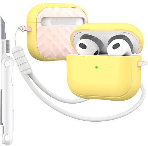 MHYALUDO-Hülle kompatibel mit AirPods 3 Generation mit Reinigungsset, vollständiger Fallschutz mit Trageband, Farbe,Jugendliches Macaron, kompatibel mit Airpods 3-Ladehülle, Gelb/Pink