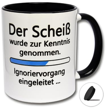 CRP Lustige Tasse mit Spruch Der Scheiß wurde zur Kenntnis genommen ... Kaffeetasse mit Deckel, Kaffeebecher, Tasse Büro (B: Schwarz-Weiße Tasse inkl. schwarzem Tassendeckel), L0729