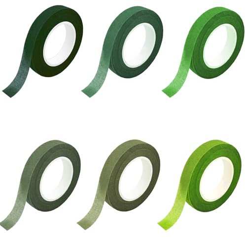 6 Rollen Flora Kreppband, 6 Stile Grün Floristenband, 12mm*27m Selbstklebend Floristenkrepp Blumenband, Klebeband Flora Blumenband für Blumensträuße DIY Kunsthandwerk Floral Wire Tape 6 style green