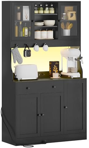 KIMENICH Armario de Cocina con encimera, Armario Aparador Cocina con LED, Enchufes, Armario Buffet con Cajone, Estantes Ajustables, Gran Espacio, Cocina, Salón, Comedor, 103.5 x 40 x 180 cm, Negro