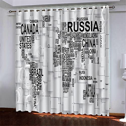 3D Schwarz-Weiß-Weltkarte Vorhang Mit Ösen 150 (B) X 166 (H) Cm Mikrofaser Gardinen Blickdicht Verdunkelungs Scheibengardinen 2 Stücke Für Wohnzimmer Schlafzimmer Kinderzimmer Jugendzimme -1C5O+D2X3-8