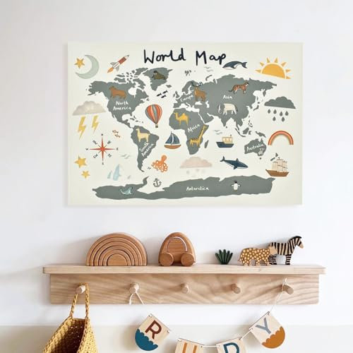 Fnaobai Canvas Banner Wall Hanging Kids Room Décor Cute Prints Nursery Tapestry with Sticker Art Posters Bedroom Wall Decor for Photography Props Learning Posters (World Map)