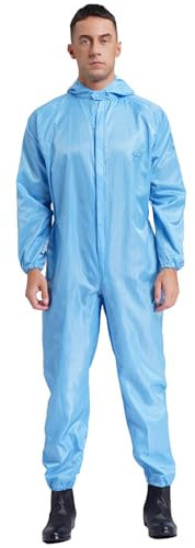 Agoky Men's Long Sleeve Zip Up Coveralls Jumpsuit Hooded Anti-Static Work Overalls Mechanics Workwear Light Blue XXL