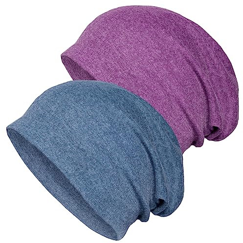 Senker Fashion Slouchy Beanie-Mütze aus Baumwolle, Chemo-Kopfbedeckung für Damen und Herren, weich, leicht, Chemo-Totenkopfmütze, elastische Schlafmütze, Blau / Violett, Large