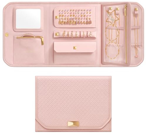 SONGMICS HOME Reise-Schmuckkoffer, faltbarer Schmuck-Organizer mit Spiegel, unterteilte Aufbewahrung, großes Fassungsvermögen, gewebtes geprägtes PU-Leder, Geschenkidee, Jelly Pink UJBC196R01