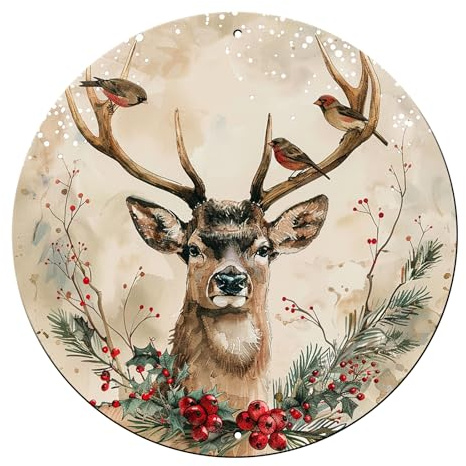 macago Winter-Metallschild mit Hirsch, Vintage-Blechschild, rund, weihnachtliches Wandschild, Aquarell, rustikaler Hirsch, Winter-Wandkunst, Stechpalme, Heimdekoration, Kabinendekoration, 30,5 cm