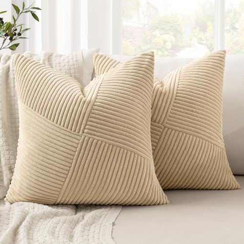 MIULEE Kissenbezug 50x50 Beige Kordsamt 2er Set Kissenbezüge Zierkissenbezug Kissenhülle Sofakissen Dekokissen Streifen Muster Patchwork Design für Wohnzimmer