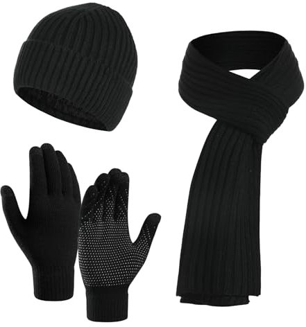 Droombouw Herren Wintermütze Strickmütze Langer Schal rutschfeste Touchscreen-Handschuhe Set mit Fleece gefüttert für Männer und Frauen Schwarz