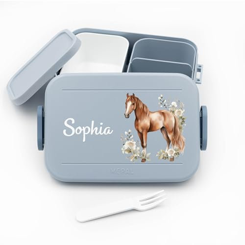 Kinder Bento Box Midi Lunchbox für Mepal Bentobox - Brotdose Schule mit Namen - Brotdose Pferde - 900 ml - Nordic Blue - geschenke für pferdemädchen kita einschulung