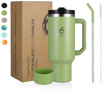 hydro2go Thermobecher mit Strohhalm – Hält bis zu 10 Stunden heiß, bis zu 12 Stunden kalt – Spülmaschinenfest, BPA-frei – Kaffeebecher to Go, Isolierbecher für Heiß- & Kaltgetränke(Green Tea, 1200ml)