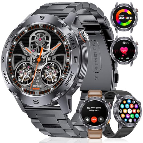 FOXBOX Montre Connectée Homme avec Appel Bluetooth 3 Bracelets,1,43AMOLED Etanche Smartwatch 100+Sportifs Modes Podometre Calories Fréquence Cardiaque Oxygène Sommeil Moniteur 460mAh Android iOS Noir