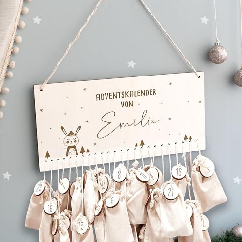 Adventskalender Personalisiert für Kinder | Advent Kalender zum befüllen aus Holz | Wandmontage Weihnachtskalender DIY mit Namen | hellomini (Hase Gravur)