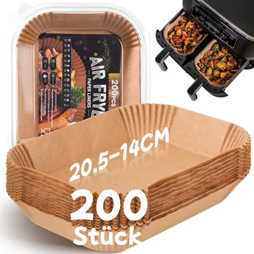 Papier Cuisson pour Ninja Air Fryer, 200 Pièces 20,5x14cm Rectangulair Paper Liners Friteuse Sans Huile Accessoires pour Dual Zone Double Stack Friteuse à Air, compatible avec Ninja AF300EU/AF400EU