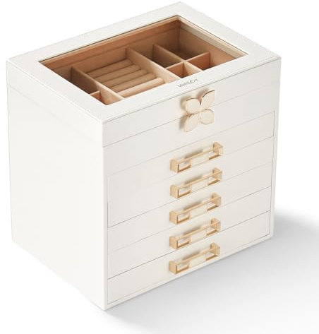 Vee Schmuckkästchen Groß,Schmuckkasten mit 6 Ebenen, Schmuck Organizer mit Glasdeckel, 5 Schubladen,für Halsketten, Ohrringe, Uhren, Armbänder (Weiß 6 Ebenen)