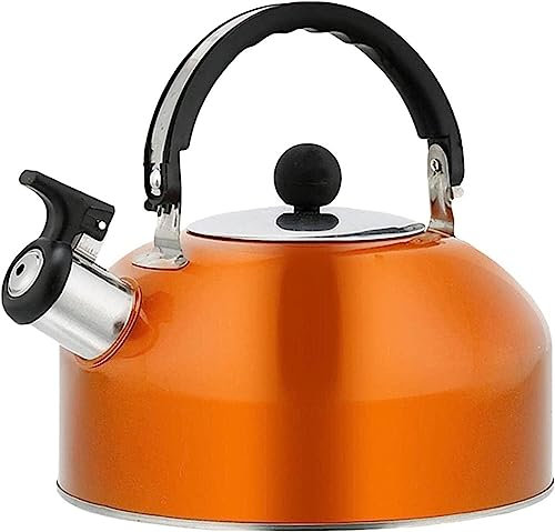 GZKDKZB Teekanne für den Herd, Teekessel, Flötenkessel, 3 l, Edelstahl, Flötenkessel für den Herd mit hitzebeständigem Griff, Teekanne für den Herd für Induktion, Orange||2 l
