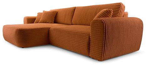 FurniShop24 Ecksofa mit Schlaffunktion und Bettkasten – Stilvolles Schlafsofa 297x169 cm mit Bequemer Polsterung und Dekokissen, L-Form Sofa, Eckcouch für Wohnzimmer Happy Terrakotta Links