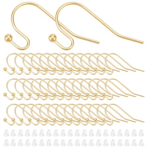 UNICRAFTALE 100Pcs 18K Gold Plated Earring Hook Ears Wire with Loops Gold Ear Hooks Earwire Hook Fish Hooks with 100pcs Plastic Ear Nuts for Earring Jewelry Making