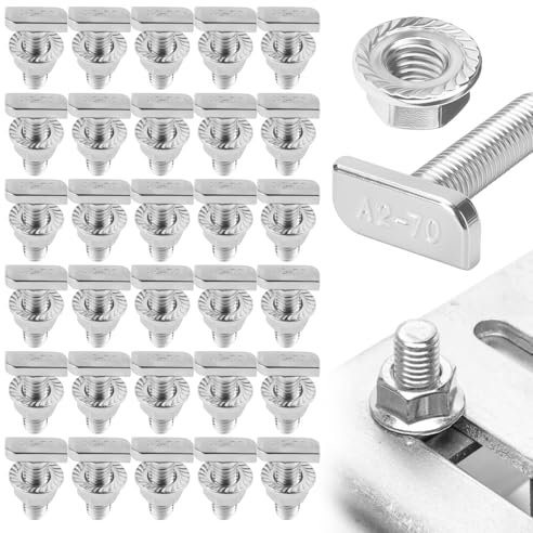 20 Pièces M8x30 T-Nut et Boulon Ensemble A2-70 Inox Vis à Tête Marteau M8 20 T Slot Drop-in Bolt et 20 Ecrou M8 Inox pour Pistes du Système Photovoltaïque Serres et Photovoltaïques Toits Rigides