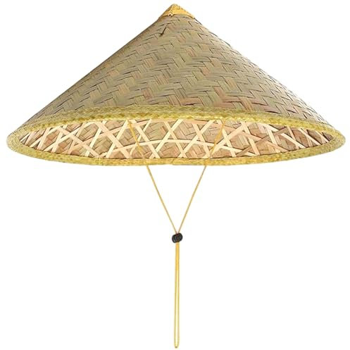 XJKLBYQ Chapeau de Bambou de Riz Chinois, Chapeau Coolie en Bambou Asiatique, Tissu Riz Paille Paille Bouchon Pluie, Agriculteur vietnamien 14 Pouces avec Corde réglable pour Les Femmes et Les Ho