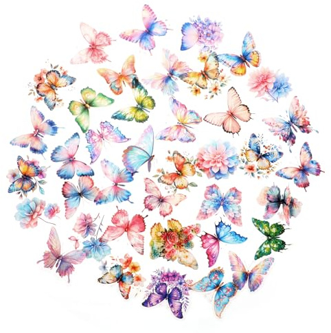50 Pcs Butterfly Stickers, Shiny Colorful Holographic Sticker, Waterproof Transparent Pet Decals Phone Stickers for Scrapbooking, Journals, Water Bottles, Laptops, DIY Crafts and Gifts