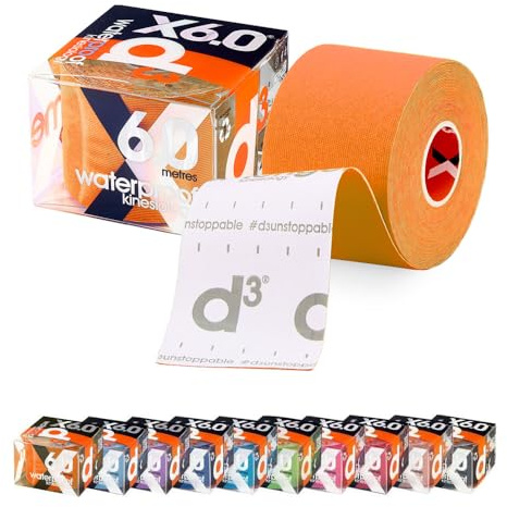 d3 X6.0 Waterproof Kinesiology Tape 5cm x 6m Orange – Sweatproof Hypoallergenic Kinetic Tape for Knee Pain, Shoulder, Back & Muscle Support - Injury Recovery & Sports Tape Strapping Uncut Roll