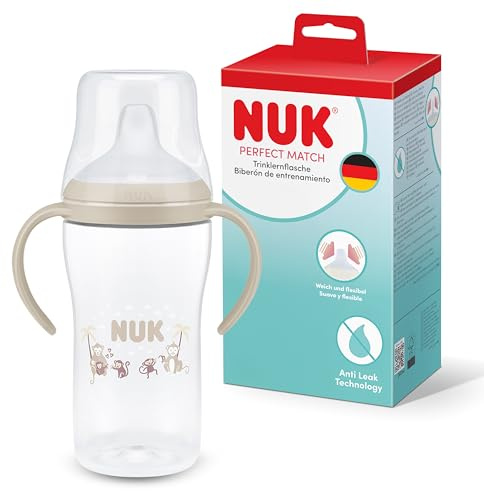 NUK Perfect Match Learner Bottle | 6+ Months | 260ml | Leak Proof Sippy Cup Toddler Bottle | Anti-Slip Handles | Monkey | 1 Count