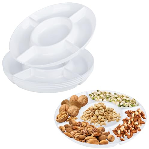 XCWTBL 5 Pack White Compartment Trays with 5 Section,Reusable Plastic Trays and Platters for Parties, Serving Dishes & Platters for Parties Snacks Fruit Candies Dessert Nibbles Nuts