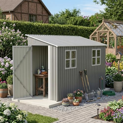 Jaxenor Abri de jardin en métal avec kit de sol, 291 x 111 x 189 cm, abri de jardin en métal avec porte gauche/droite et 2 fenêtres, design incliné, armoire de jardin étanche pour extérieur, terrasse