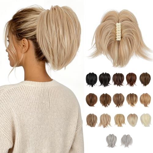 MY-LADY Ponytail Extension 20cm Kurze Pferderschwanz Haarteil mit Klammer Zopf Extensions Lockiges Glattes Ponytail Haarverlängerung Synthetische Pferdeschwanzverlängerung Sandblond/Bleichblond